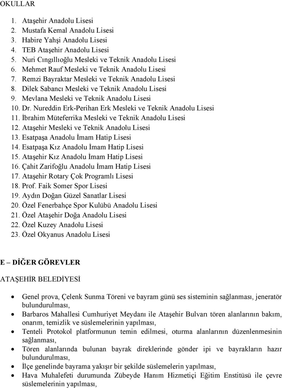 Nureddin Erk-Perihan Erk Mesleki ve Teknik Anadolu Lisesi 11. İbrahim Müteferrika Mesleki ve Teknik Anadolu Lisesi 12. Ataşehir Mesleki ve Teknik Anadolu Lisesi 13.