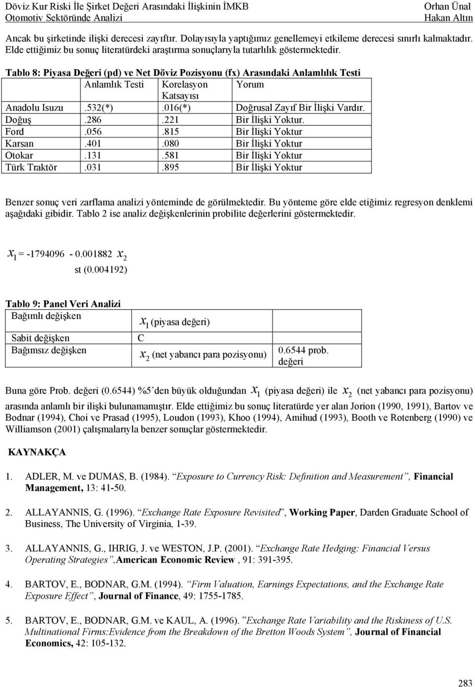 Tablo 8: Piyasa Değeri (pd) ve Net Döviz Pozisyonu (fx) Arasındaki Anlamlılık Testi Anlamlık Testi Korelasyon Yorum Katsayısı Anadolu Isuzu.532(*).016(*) Doğrusal Zayıf Bir İlişki Vardır. Doğuş.286.