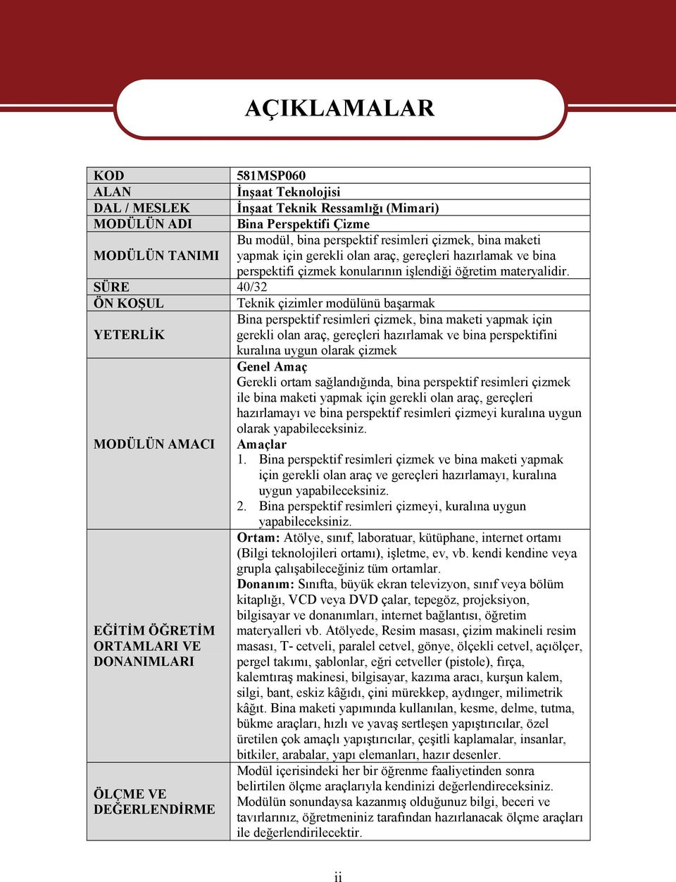 SÜRE 40/32 ÖN KOŞUL Teknik çizimler modülünü başarmak Bina perspektif resimleri çizmek, bina maketi yapmak için YETERLİK gerekli olan araç, gereçleri hazırlamak ve bina perspektifini kuralına uygun