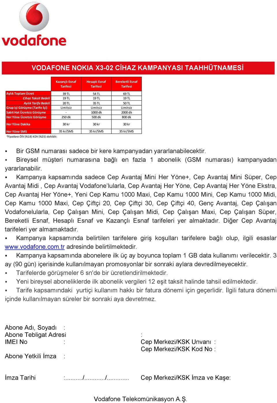 Bir GSM numarası sadece bir kere kampanyadan yararlanabilecektir. Bireysel müşteri numarasına bağlı en fazla 1 abonelik (GSM numarası) kampanyadan yararlanabilir.