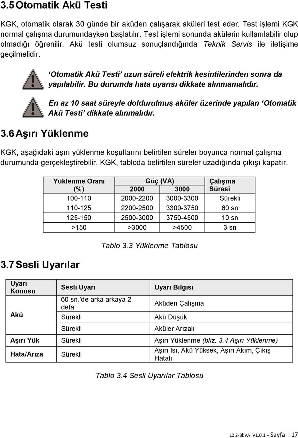 6 Aşırı Yüklenme Otomatik Akü Testi uzun süreli elektrik kesintilerinden sonra da yapılabilir. Bu durumda hata uyarısı dikkate alınmamalıdır.