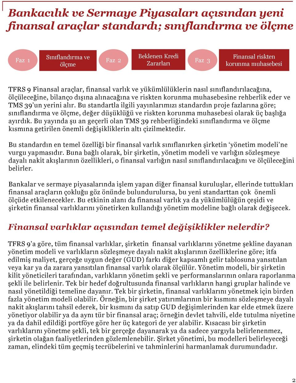 Bu standartla ilgili yayınlarımızı standardın proje fazlarına göre; sınıflandırma ve ölçme, değer düşüklüğü ve riskten korunma muhasebesi olarak üç başlığa ayırdık.