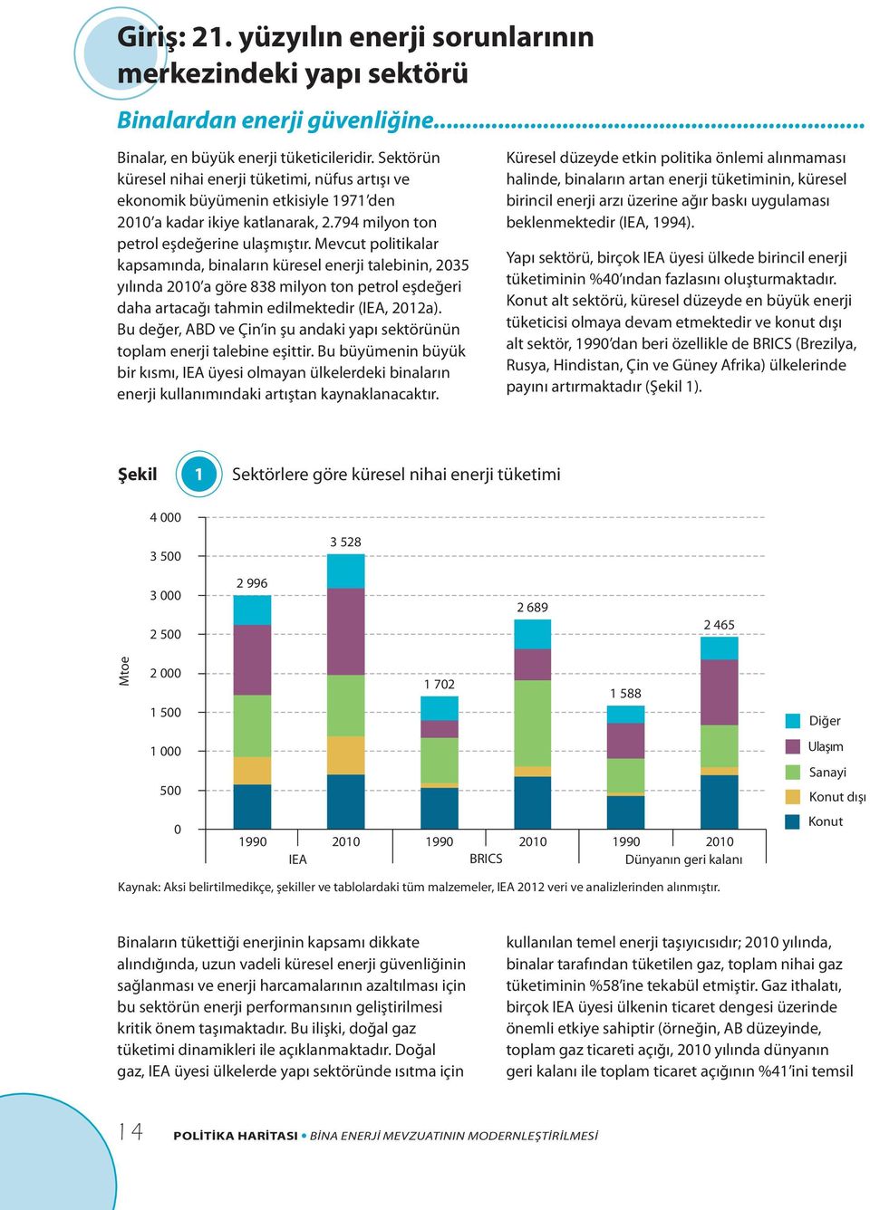 Mevcut politikalar kapsamında, binaların küresel enerji talebinin, 2035 yılında 2010 a göre 838 milyon ton petrol eşdeğeri daha artacağı tahmin edilmektedir (IEA, 2012a).