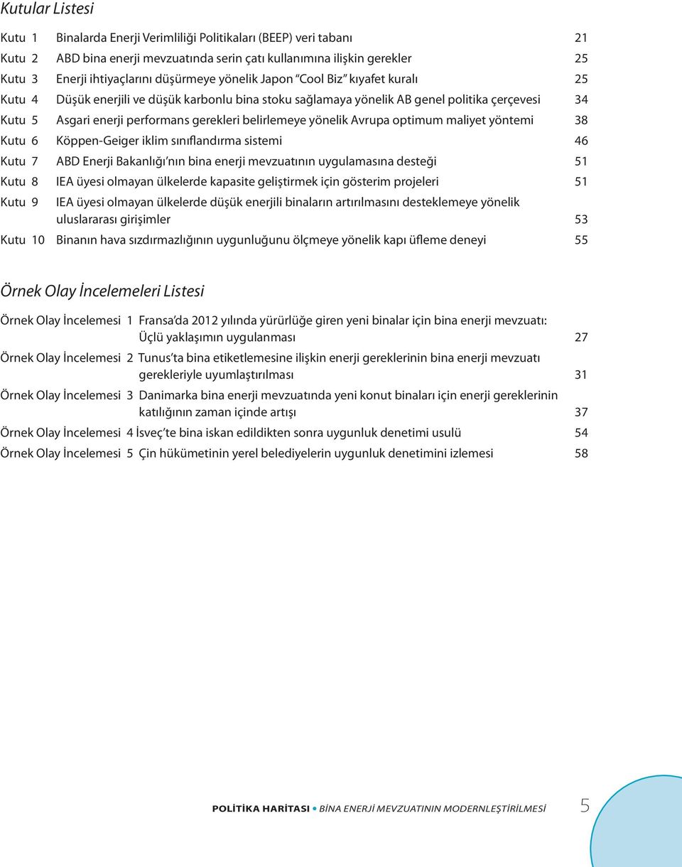 belirlemeye yönelik Avrupa optimum maliyet yöntemi 38 Kutu 6 Köppen-Geiger iklim sınıflandırma sistemi 46 Kutu 7 ABD Enerji Bakanlığı nın bina enerji mevzuatının uygulamasına desteği 51 Kutu 8 IEA