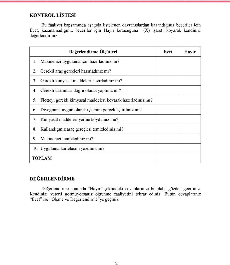 Gerekli tartımları doğru olarak yaptınız mı? 5. Flotteyi gerekli kimyasal maddeleri koyarak hazırladınız mı? 6. Diyagrama uygun olarak işlemini gerçekleştirdiniz mi? 7.