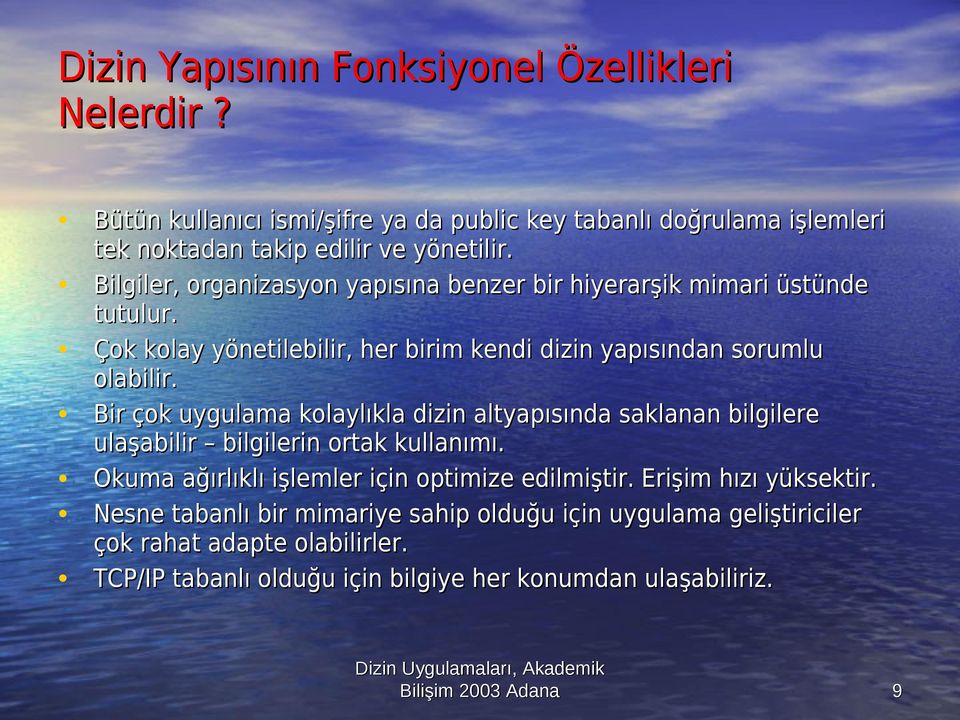 Bir çok uygulama kolaylıkla dizin altyapısında saklanan bilgilere ulaşabilir bilgilerin ortak kullanımı. Okuma ağırlıklı işlemler için optimize edilmiştir.