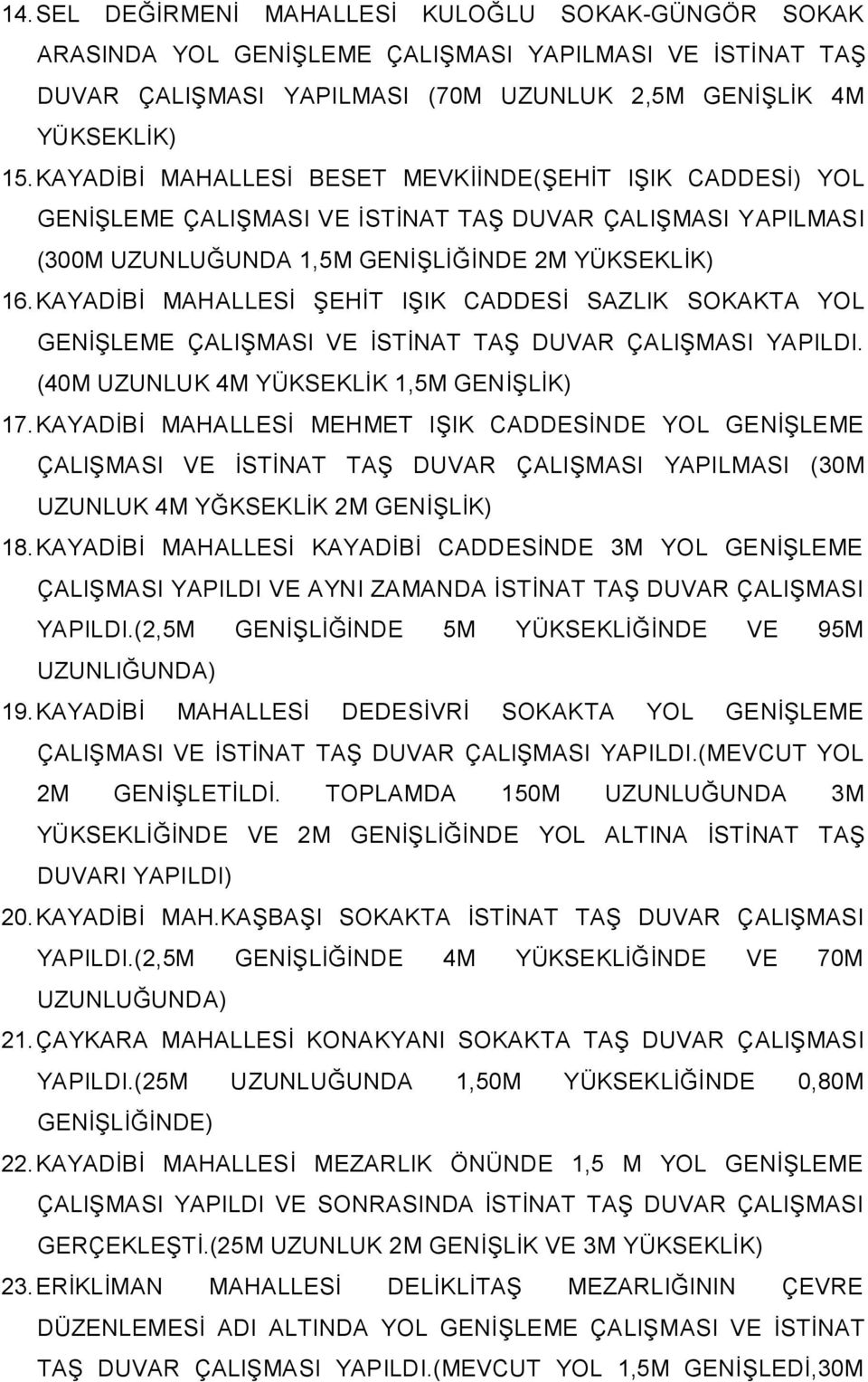 KAYADİBİ MAHALLESİ ŞEHİT IŞIK CADDESİ SAZLIK SOKAKTA YOL GENİŞLEME ÇALIŞMASI VE İSTİNAT TAŞ DUVAR ÇALIŞMASI YAPILDI. (40M UZUNLUK 4M YÜKSEKLİK 1,5M GENİŞLİK) 17.