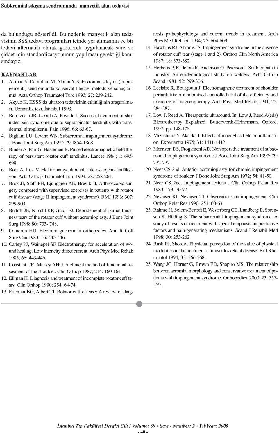 - s nday z. KAYNAKLAR 1. Akman fi, Demirhan M, Akal n Y. Subakromial s k flma (impingement ) sendromunda konservatif tedavi metodu ve sonuçlar - m z. Acta Orthop Traumatol Turc 1993; 27: 239-242. 2. Akyüz K.