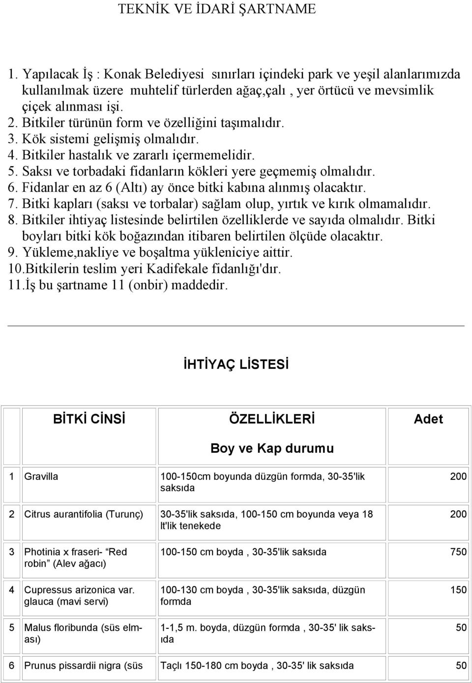 6. Fidanlar en az 6 (Altı) ay önce bitki kabına alınmış olacaktır. 7. Bitki kapları (saksı ve torbalar) sağlam olup, yırtık ve kırık olmamalıdır. 8.