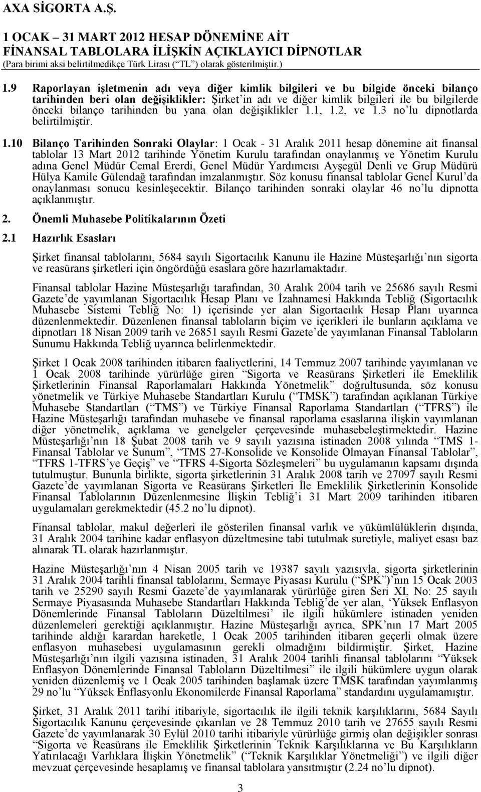 1, 1.2, ve 1.3 no lu dipnotlarda belirtilmiştir. 1.10 Bilanço Tarihinden Sonraki Olaylar: 1 Ocak - 31 Aralık 2011 hesap dönemine ait finansal tablolar 13 Mart 2012 tarihinde Yönetim Kurulu tarafından