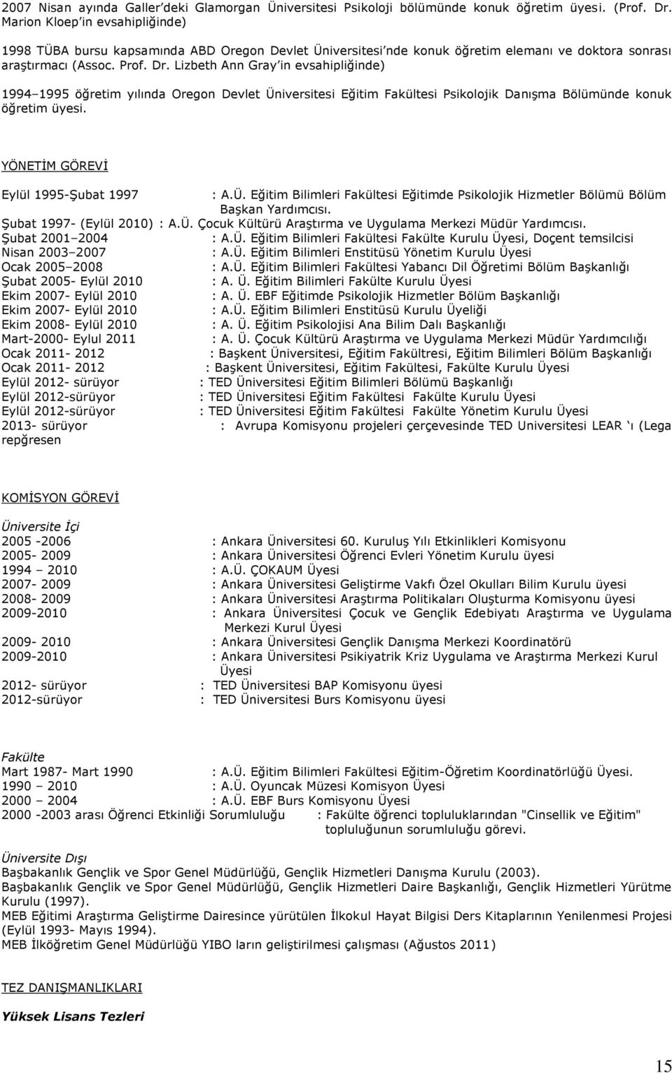 Lizbeth Ann Gray in evsahipliğinde) 1994 1995 öğretim yılında Oregon Devlet Üniversitesi Eğitim Fakültesi Psikolojik Danışma Bölümünde konuk öğretim üyesi. YÖNETİM GÖREVİ Eylül 1995-Şubat 1997 : A.Ü. Eğitim Bilimleri Fakültesi Eğitimde Psikolojik Hizmetler Bölümü Bölüm Başkan Yardımcısı.