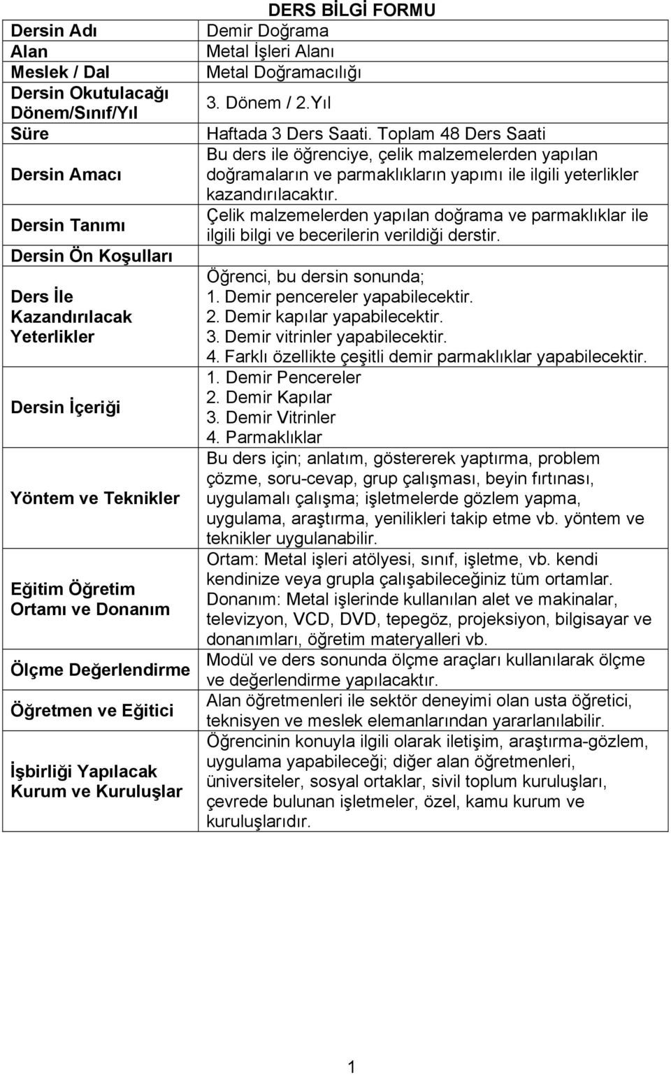 Yıl Haftada 3 Ders Saati. Toplam 48 Ders Saati Bu ders ile öğrenciye, çelik malzemelerden yapılan doğramaların ve parmaklıkların yapımı ile ilgili yeterlikler kazandırılacaktır.