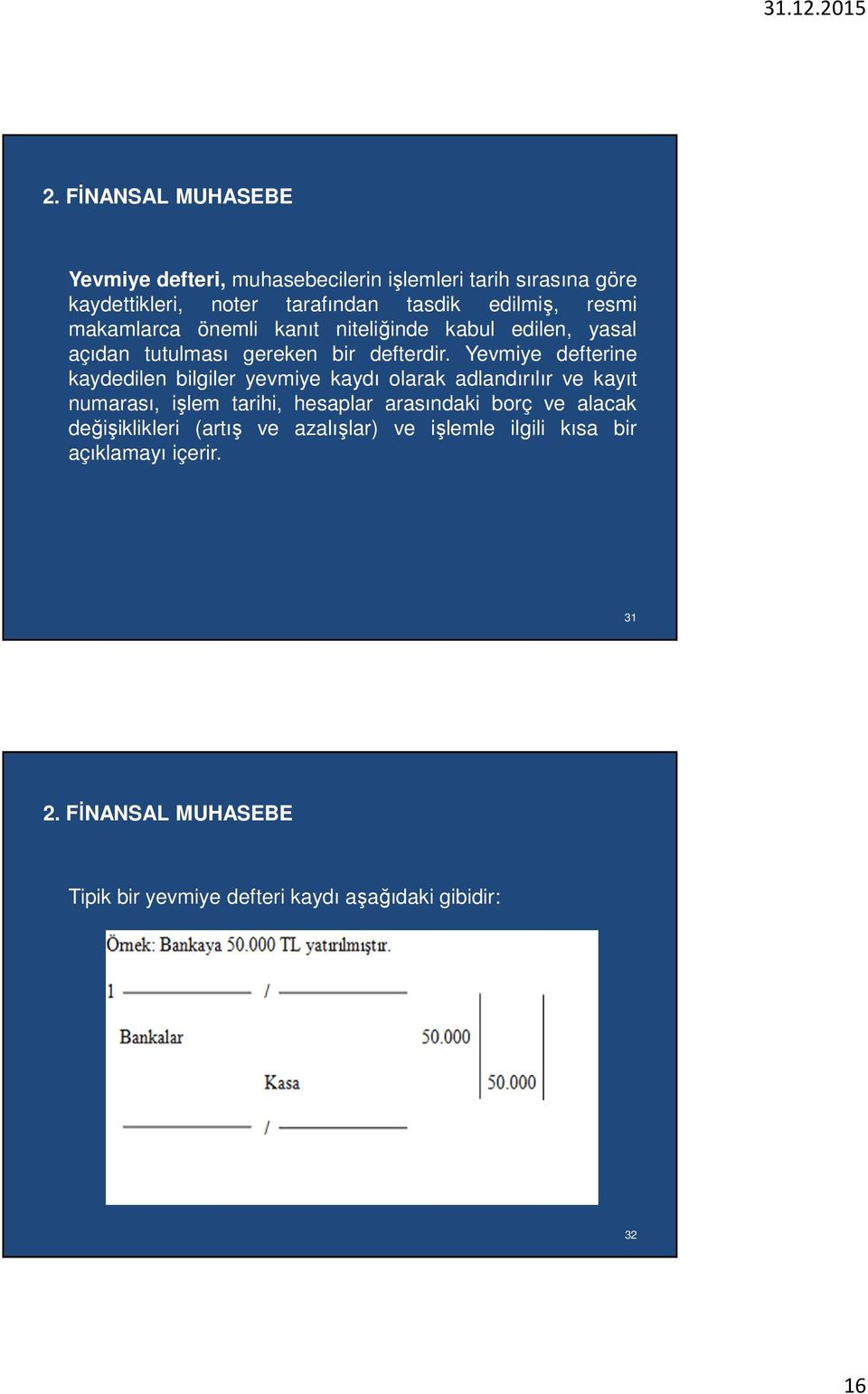 Yevmiye defterine kaydedilen bilgiler yevmiye kaydı olarak adlandırılır ve kayıt numarası, işlem tarihi, hesaplar arasındaki borç ve