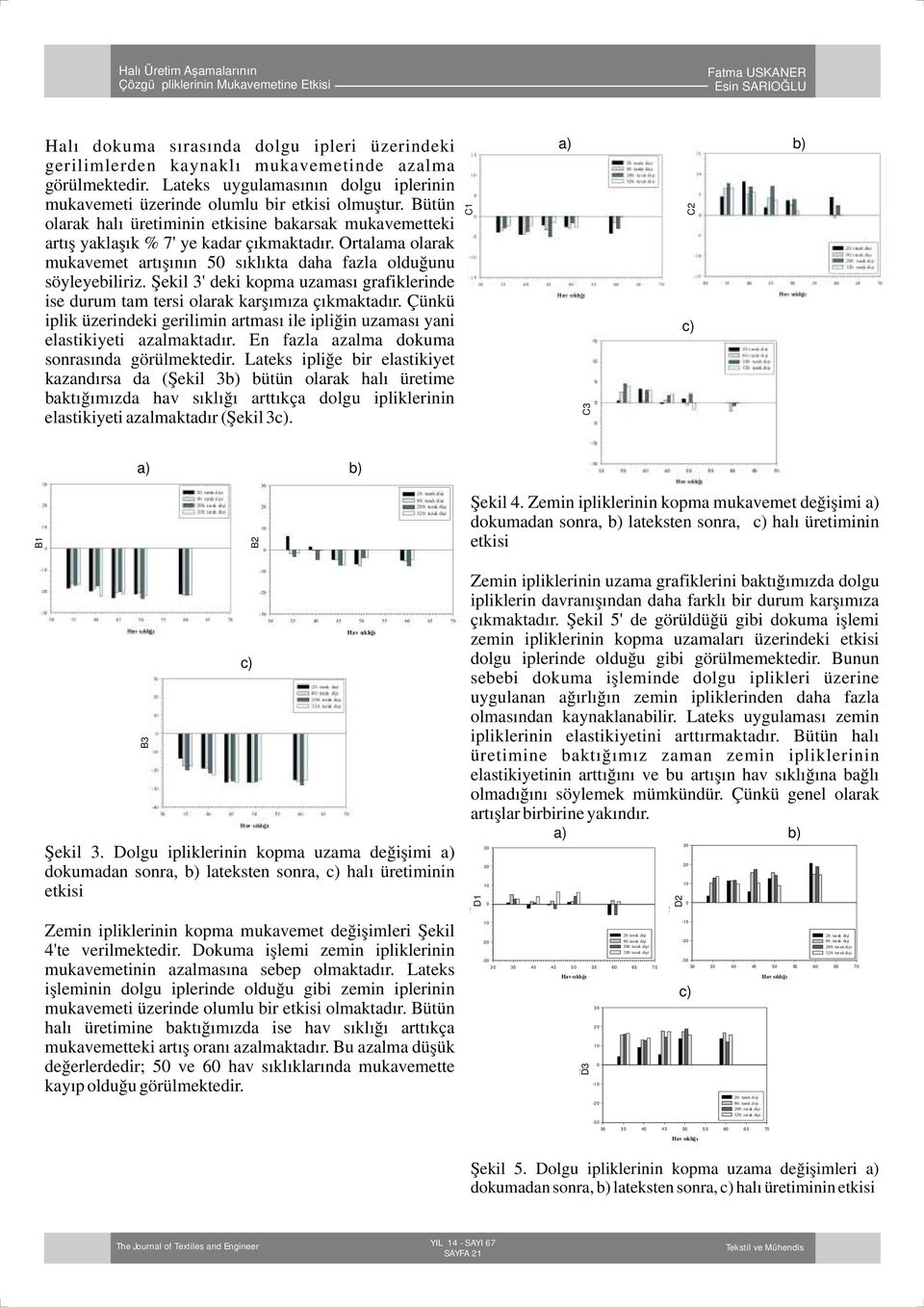 Şekil 3' deki kopma uzaması grafiklerinde ise durum tam tersi olarak karşımıza çıkmaktadır. Çünkü iplik üzerindeki gerilimin artması ile ipliğin uzaması yani elastikiyeti azalmaktadır.