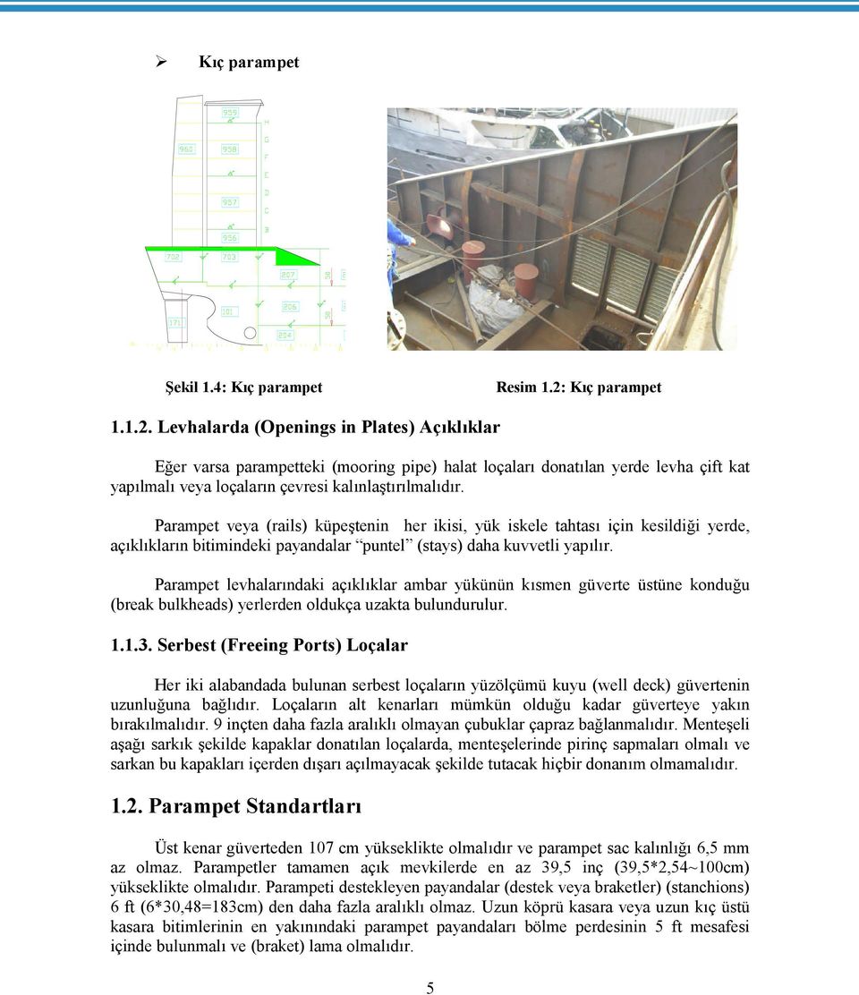 Levhalarda (Openings in Plates) Açıklıklar Eğer varsa parampetteki (mooring pipe) halat loçaları donatılan yerde levha çift kat yapılmalı veya loçaların çevresi kalınlaştırılmalıdır.