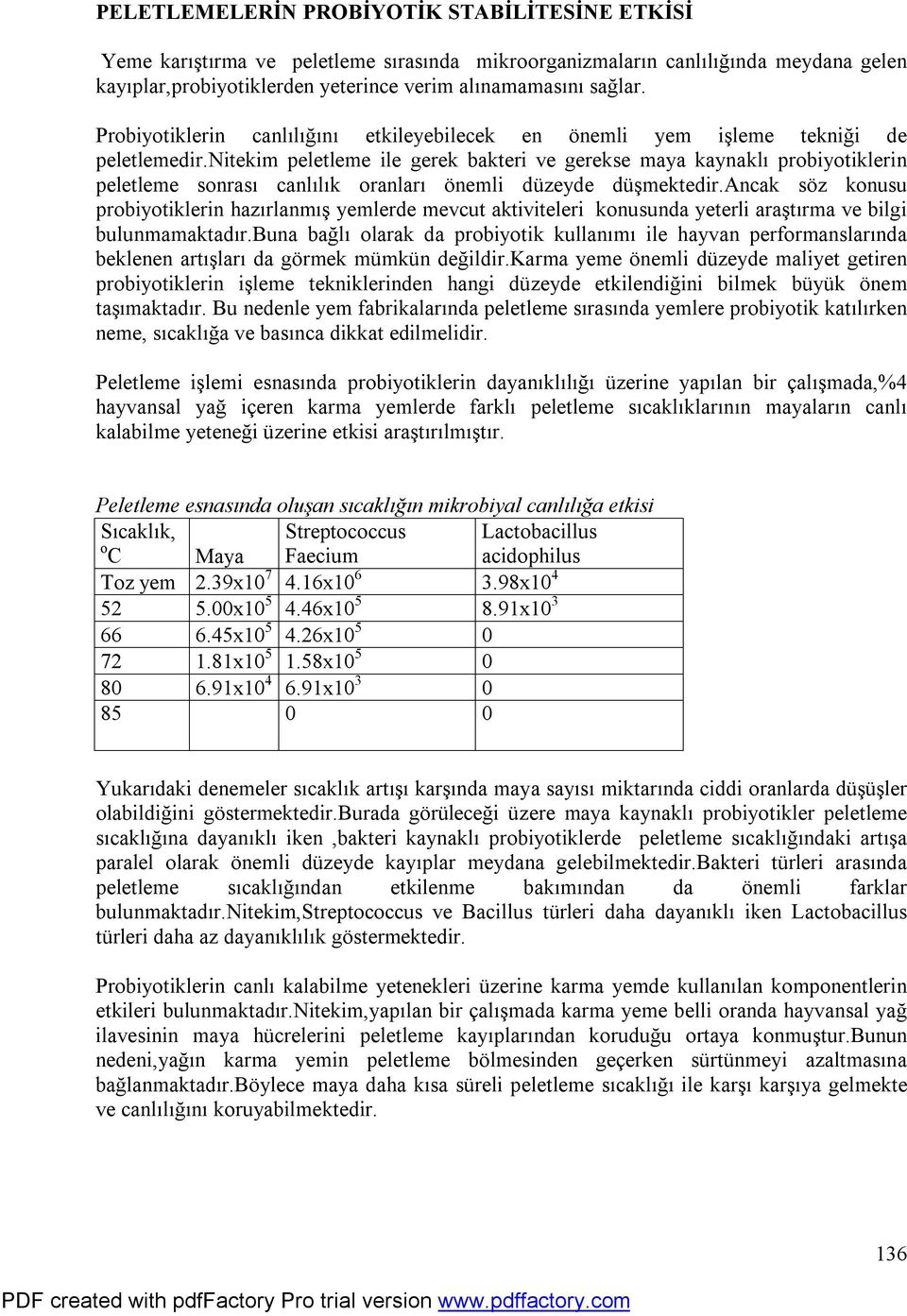 nitekim peletleme ile gerek bakteri ve gerekse maya kaynaklı probiyotiklerin peletleme sonrası canlılık oranları önemli düzeyde düşmektedir.