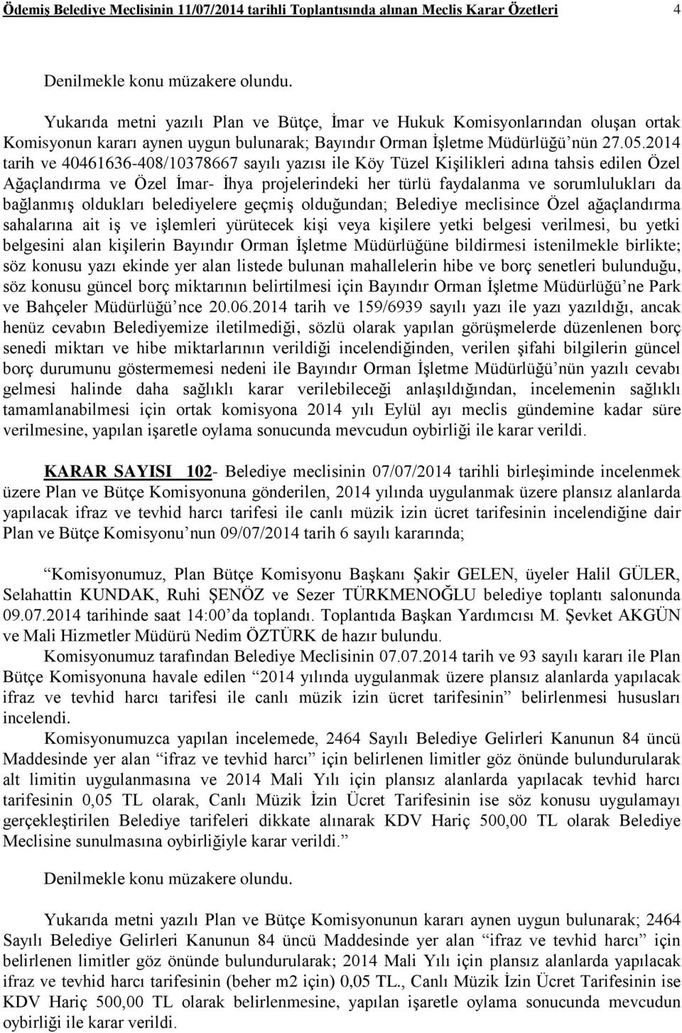 2014 tarih ve 40461636-408/10378667 sayılı yazısı ile Köy Tüzel Kişilikleri adına tahsis edilen Özel Ağaçlandırma ve Özel İmar- İhya projelerindeki her türlü faydalanma ve sorumlulukları da bağlanmış