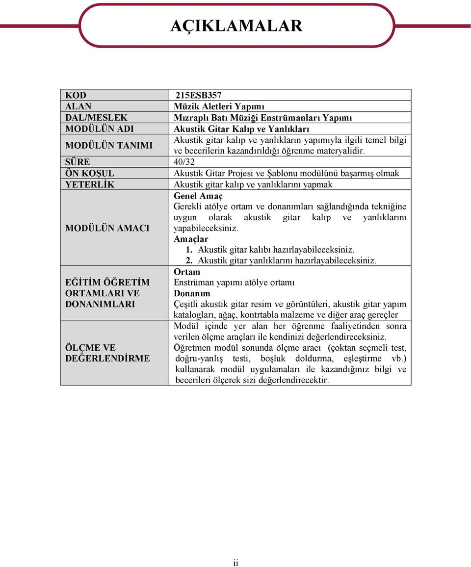 SÜRE 40/32 ÖN KOŞUL Akustik Gitar Projesi ve Şablonu modülünü başarmış olmak YETERLİK Akustik gitar kalıp ve yanlıklarını yapmak Genel Amaç Gerekli atölye ortam ve donanımları sağlandığında tekniğine