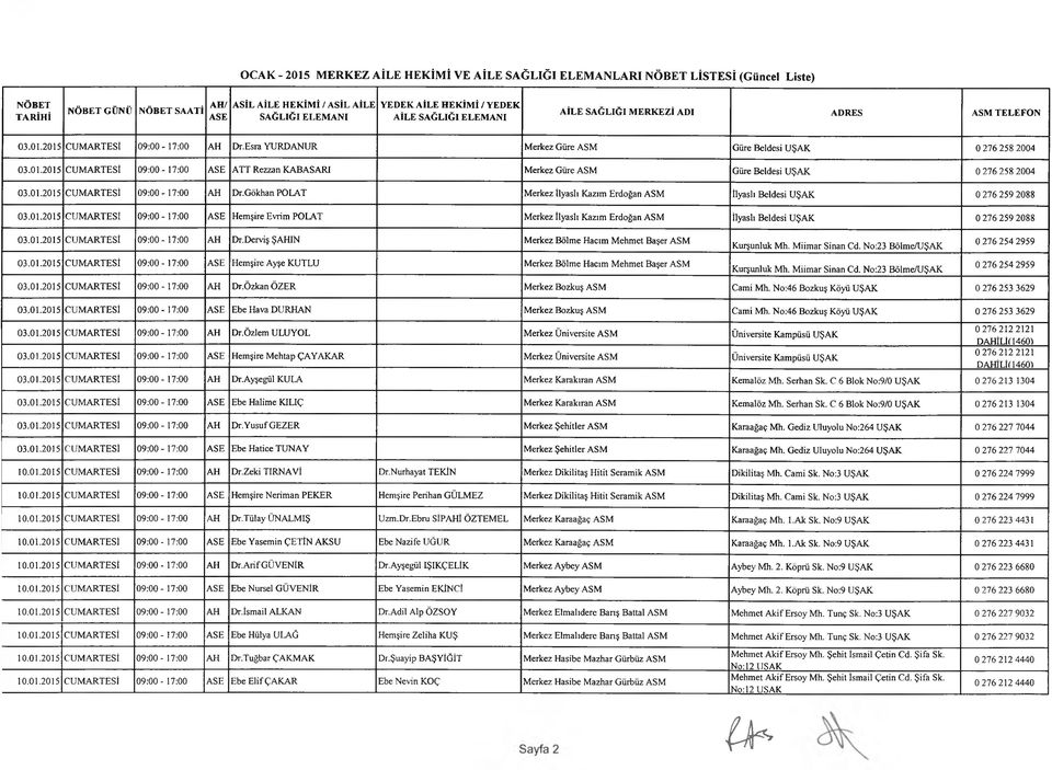 01.2015 CUMARTESİ 09:00-17:00 AH Dr. Derviş ŞAHİN Merkez Bölme Hacım Mehmet Başer ASM 03.01.2015 CUMARTESİ 09:00-17:00 Hemşire Ayşe KUTLU Merkez Bölme Hacım Mehmet Başer ASM Kurşunluk Mh.