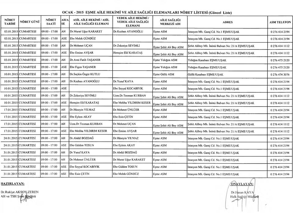 l EŞME/UŞAK 0 276 414 2194 03.01.2015 CUMARTESİ 0 9 :0 0-17:00 Ebe Melek GÜNDÜZ Eşme ASM İstasyon Mh. Garaj Cd. No. 1 EŞME/UŞAK 0 276 414 2194 03.01.2015 CUMARTESİ 09:00-17:00 AH Dr.Mehmet UÇAN Dr.