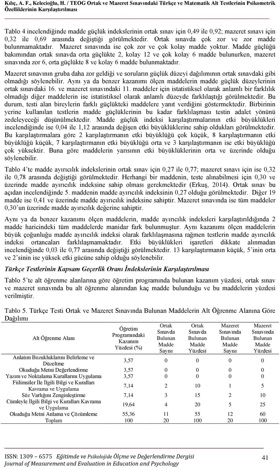 mazeret sınavı için 0,32 ile 0,69 arasında değiştiği görülmektedir. Ortak sınavda çok zor ve zor madde bulunmamaktadır. Mazeret sınavında ise çok zor ve çok kolay madde yoktur.