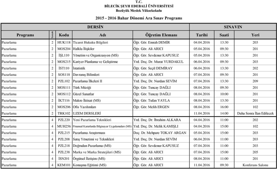 04.2016 13:30 202 Pazarlama 2 SOS118 Davranış Bilimleri Öğr. Gör. Ali ARICI 07.04.2016 09:30 201 Pazarlama 2 PZL102 Pazarlama İlkeleri II Yrd. Doç. Dr. Nurdan SEVİM 07.04.2016 13:30 209 Pazarlama 2 MOS111 Türk Müziği Öğr.