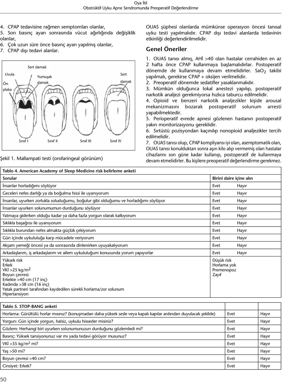 Mallampati testi (orofaringeal görünüm) Sert damak OUAS şüphesi olanlarda mümkünse operasyon öncesi tanısal uyku testi yapılmalıdır.