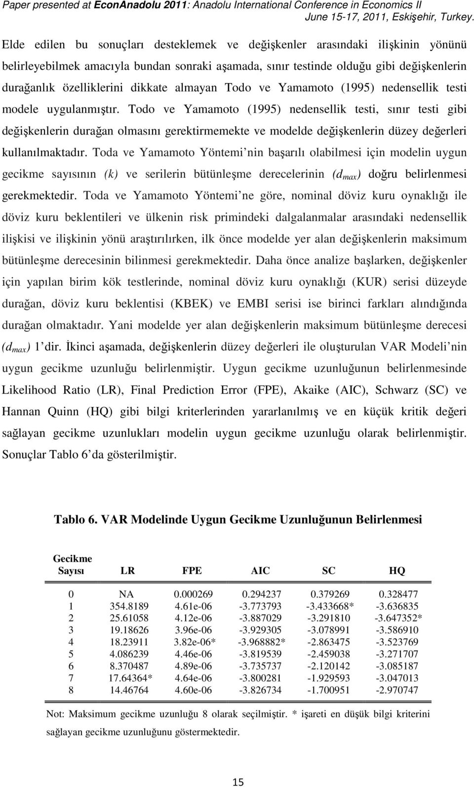 Toda ve Yamamoo Yönem nn başarılı olablmes çn modeln uygun gecme sayısının () ve serlern büünleşme derecelernn (d max ) doğru belrlenmes geremeedr.