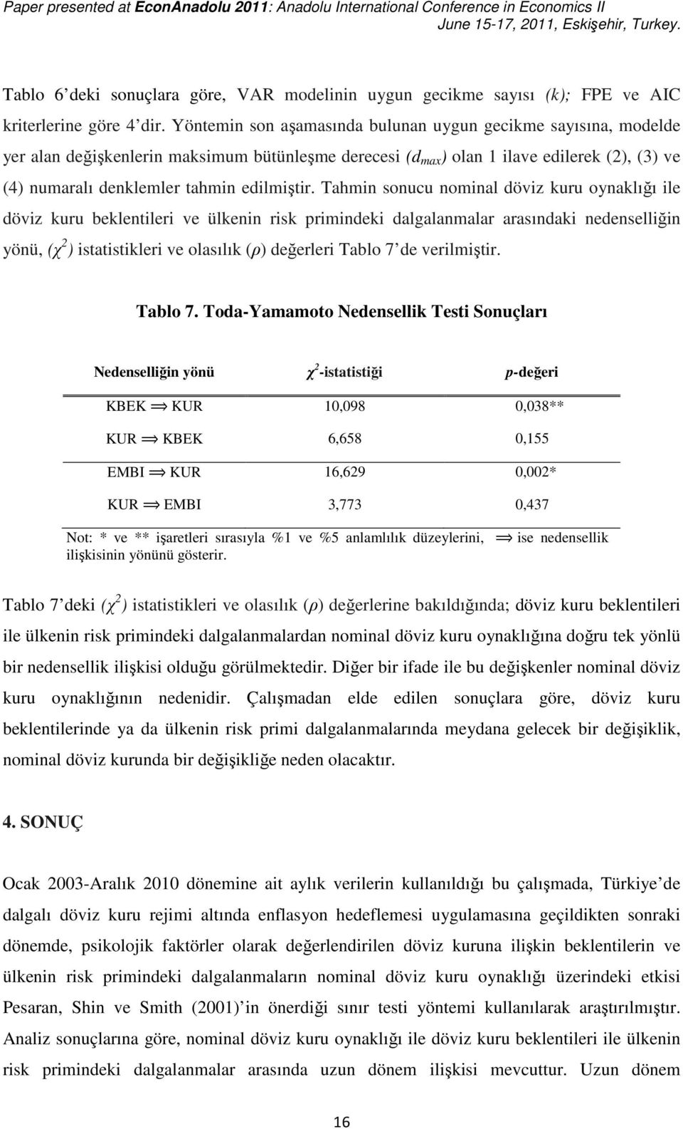 Tahmn sonucu nomnal dövz uru oynalığı le dövz uru belenler ve ülenn rs prmnde dalgalanmalar arasında nedensellğn yönü, (χ 2 ) sasler ve olasılı (ρ) değerler Tablo 7 