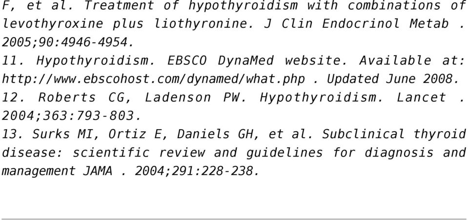 Updated June 2008. 12. Roberts CG, Ladenson PW. Hypothyroidism. Lancet. 2004;363:793-803. 13.