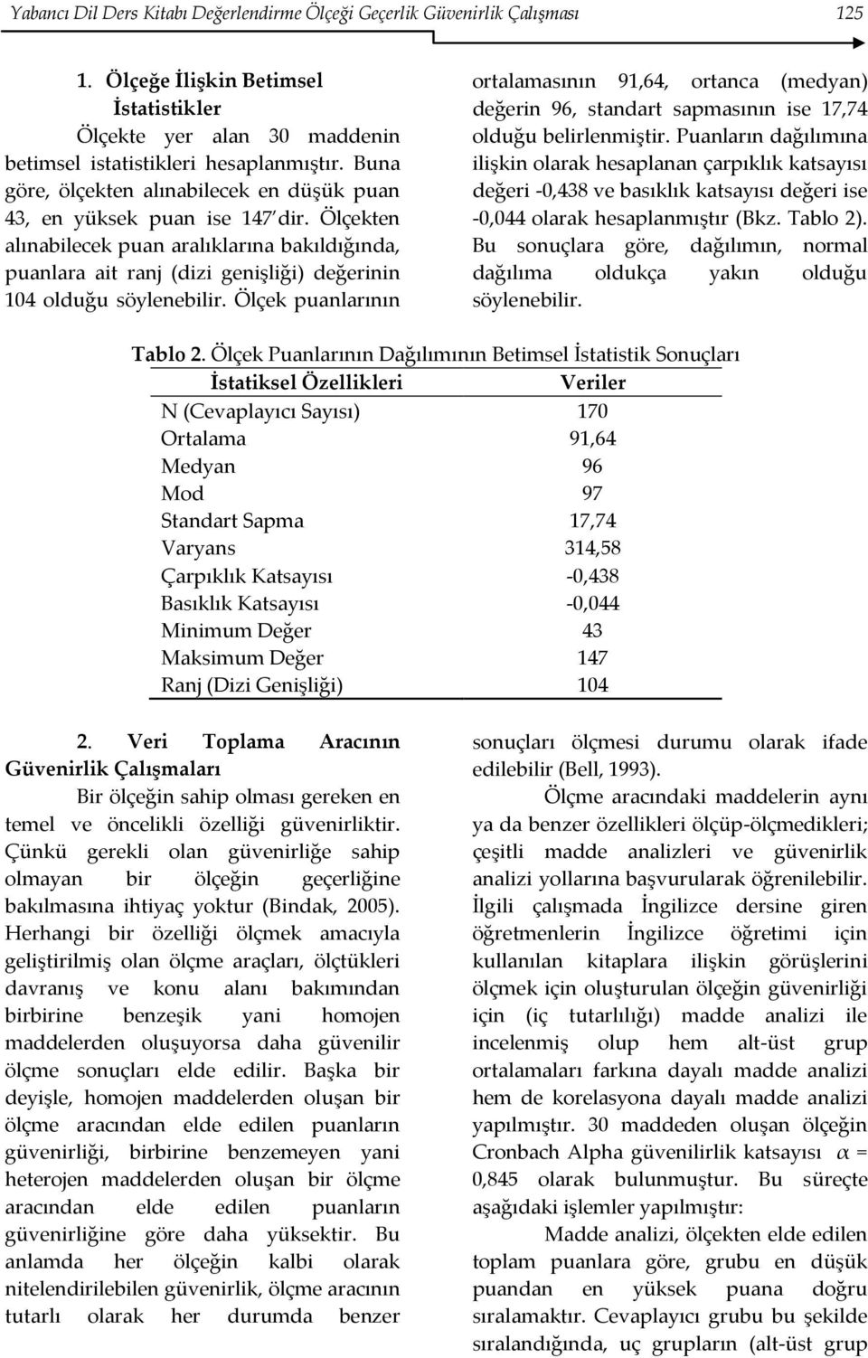 Ölçekten alınabilecek puan aralıklarına bakıldığında, puanlara ait ranj (dizi genişliği) değerinin 104 olduğu söylenebilir.