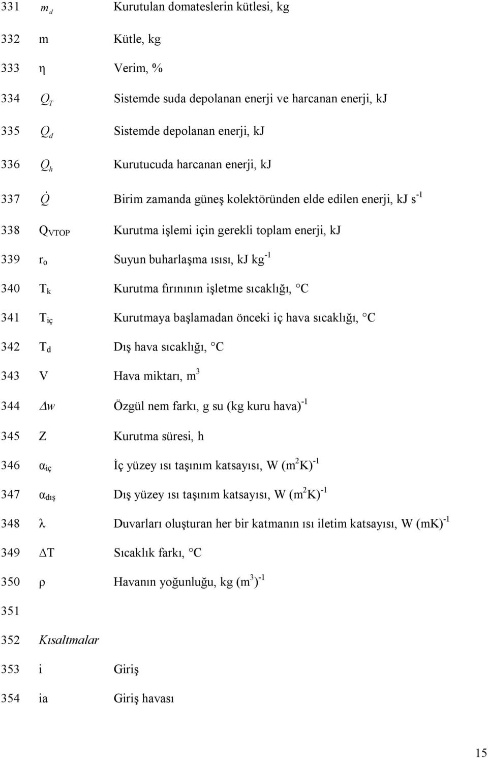 kg -1 T k Kurutma fırınının işletme sıcaklığı, C T iç Kurutmaya başlamadan önceki iç hava sıcaklığı, C T d Dış hava sıcaklığı, C V Hava miktarı, m 3 w Özgül nem farkı, g su (kg kuru hava) -1 345 Z