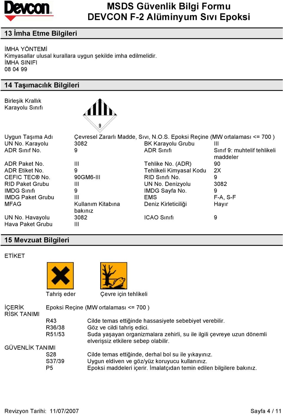 Karayolu 3082 BK Karayolu Grubu III ADR Sınıf No. 9 ADR Sınıfı Sınıf 9: muhtelif tehlikeli maddeler ADR Paket No. III Tehlike No. (ADR) 90 ADR Etiket No. 9 Tehlikeli Kimyasal Kodu 2X CEFIC TEC No.