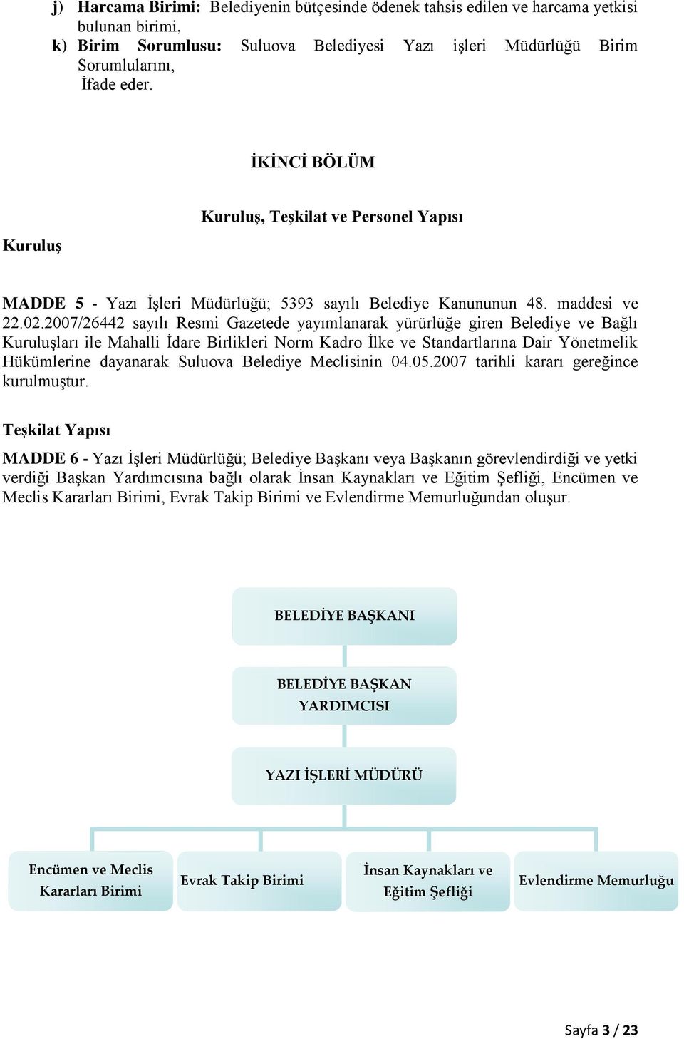 2007/26442 sayılı Resmi Gazetede yayımlanarak yürürlüğe giren Belediye ve Bağlı Kuruluşları ile Mahalli İdare Birlikleri Norm Kadro İlke ve Standartlarına Dair Yönetmelik Hükümlerine dayanarak