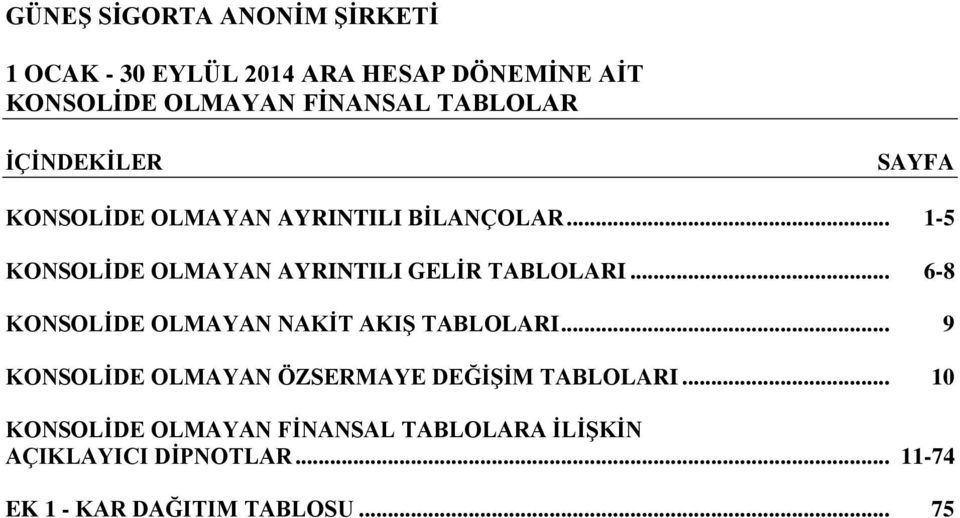 .. 68 KONSOLİDE OLMAYAN NAKİT AKIŞ TABLOLARI... 9 KONSOLİDE OLMAYAN ÖZSERMAYE DEĞİŞİM TABLOLARI.