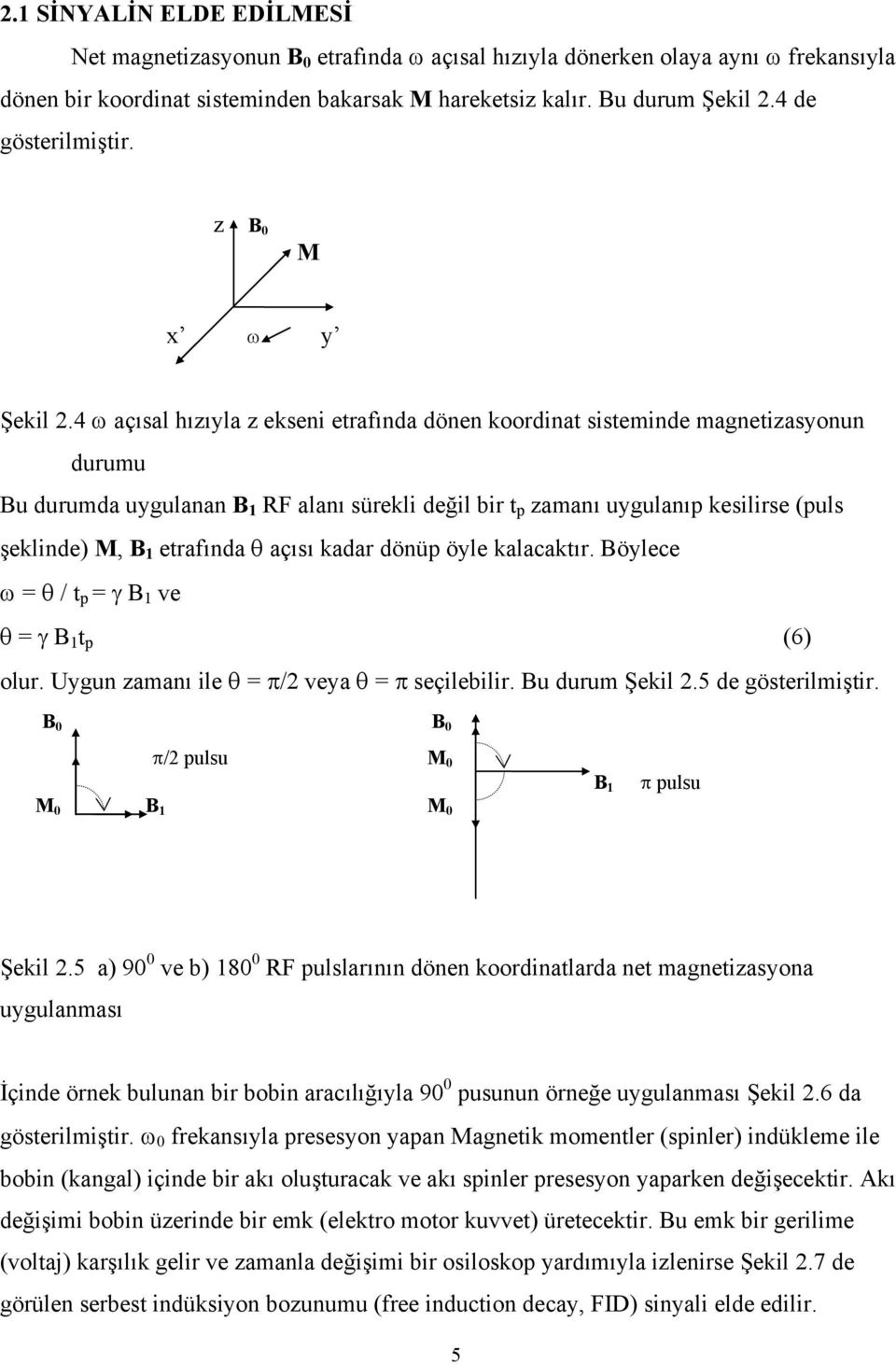 4 ω açısal hızıyla z ekseni etrafında dönen koordinat sisteminde magnetizasyonun durumu Bu durumda uygulanan B 1 RF alanı sürekli değil bir t p zamanı uygulanıp kesilirse (puls şeklinde) M, B 1