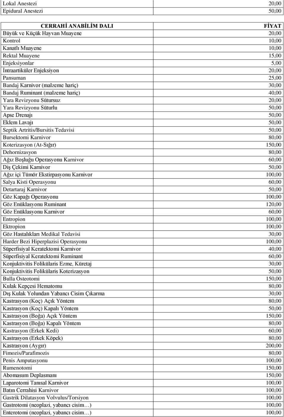 50,00 Septik Artritis/Bursitis Tedavisi 50,00 Bursektomi Karnivor 80,00 Koterizasyon (At-Sığır) 150,00 Dehornizasyon 80,00 Ağız Boşluğu Operasyonu Karnivor 60,00 Diş Çekimi Karnivor 50,00 Ağız içi