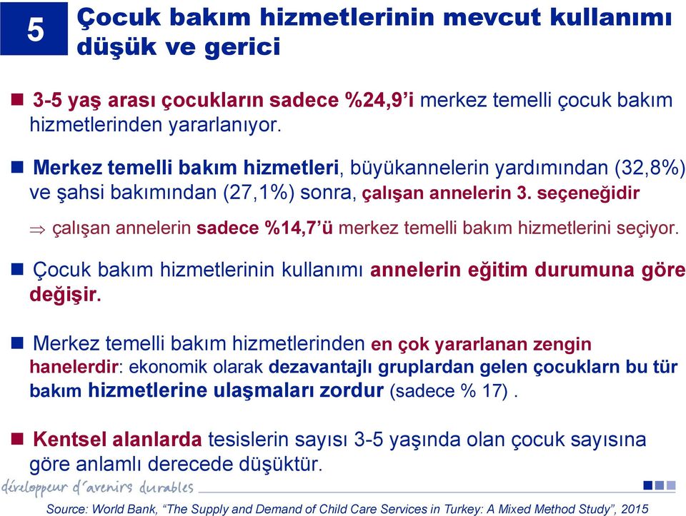 seçeneğidir çalışan annelerin sadece %14,7 ü merkez temelli bakım hizmetlerini seçiyor. Çocuk bakım hizmetlerinin kullanımı annelerin eğitim durumuna göre değişir.