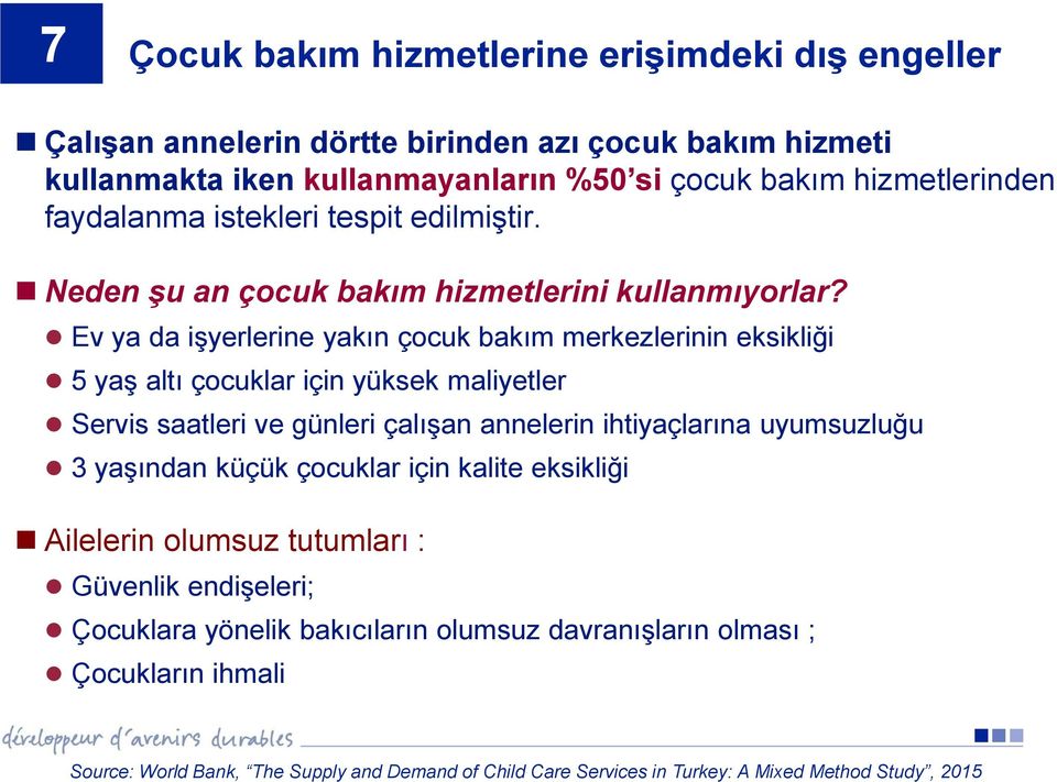 Ev ya da işyerlerine yakın çocuk bakım merkezlerinin eksikliği 5 yaş altı çocuklar için yüksek maliyetler Servis saatleri ve günleri çalışan annelerin ihtiyaçlarına uyumsuzluğu 3