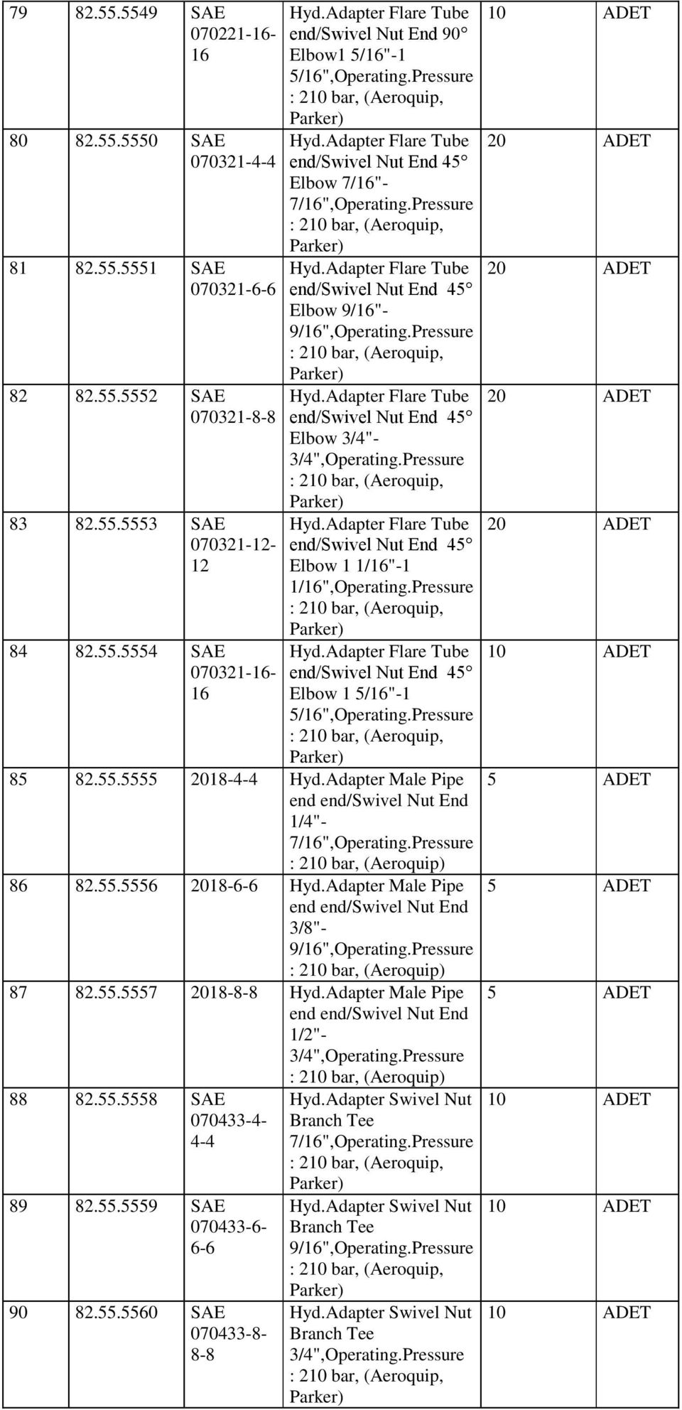 5/16",Operating.Pressure 85 82.55.5555 2018-4-4 Hyd.Adapter Male Pipe end end/swivel Nut End 1/4"- 86 82.55.5556 2018-6-6 Hyd.Adapter Male Pipe end end/swivel Nut End 3/8"- 87 82.55.5557 2018-8-8 Hyd.