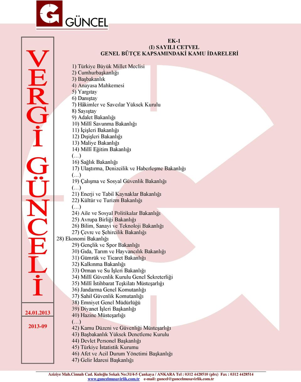 Ulaştırma, Denizcilik ve Haberleşme Bakanlığı 19) Çalışma ve Sosyal Güvenlik Bakanlığı 21) Enerji ve Tabiî Kaynaklar Bakanlığı 22) Kültür ve Turizm Bakanlığı 24) Aile ve Sosyal Politikalar Bakanlığı