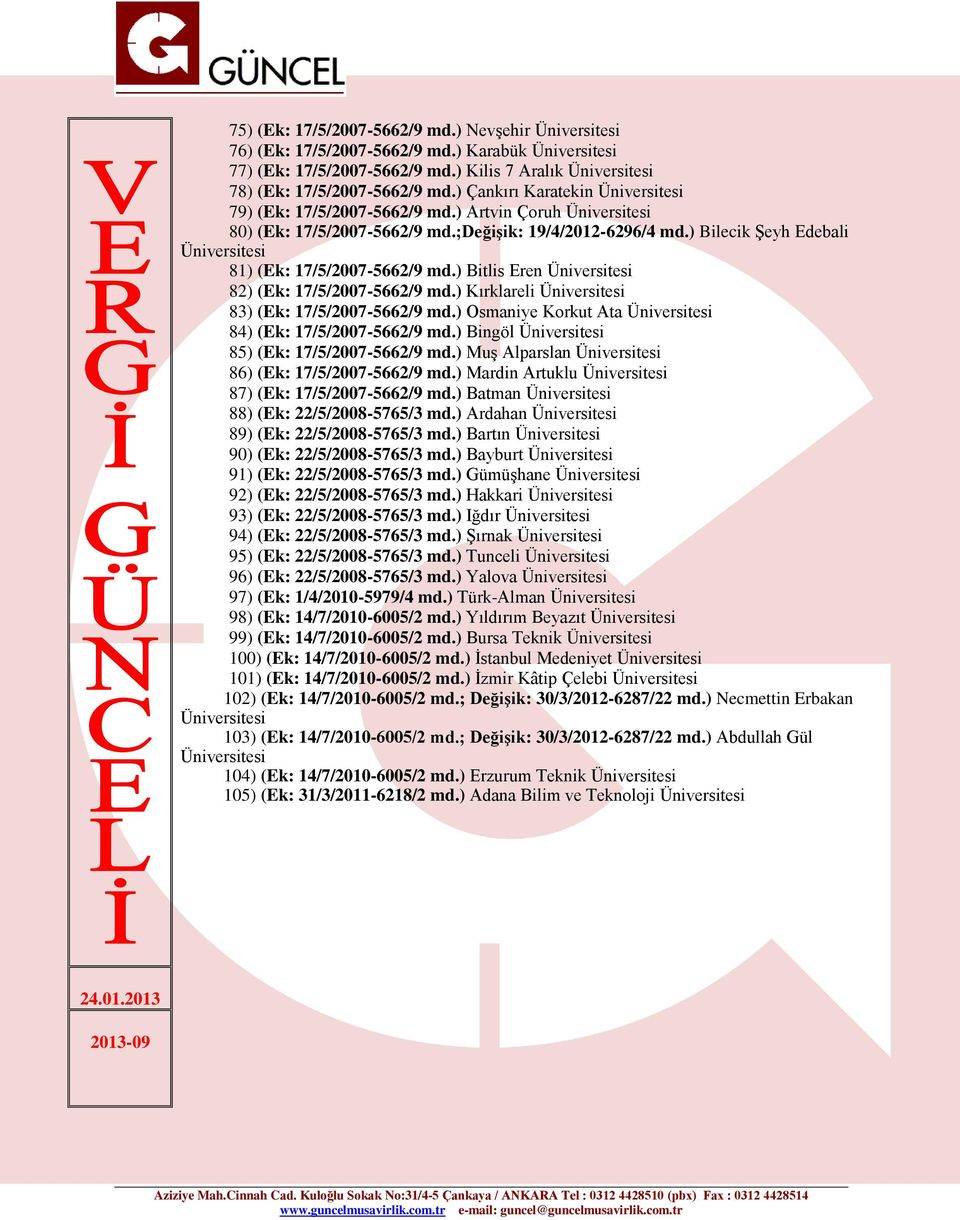) Bilecik Şeyh Edebali Üniversitesi 81) (Ek: 17/5/2007-5662/9 md.) Bitlis Eren Üniversitesi 82) (Ek: 17/5/2007-5662/9 md.) Kırklareli Üniversitesi 83) (Ek: 17/5/2007-5662/9 md.