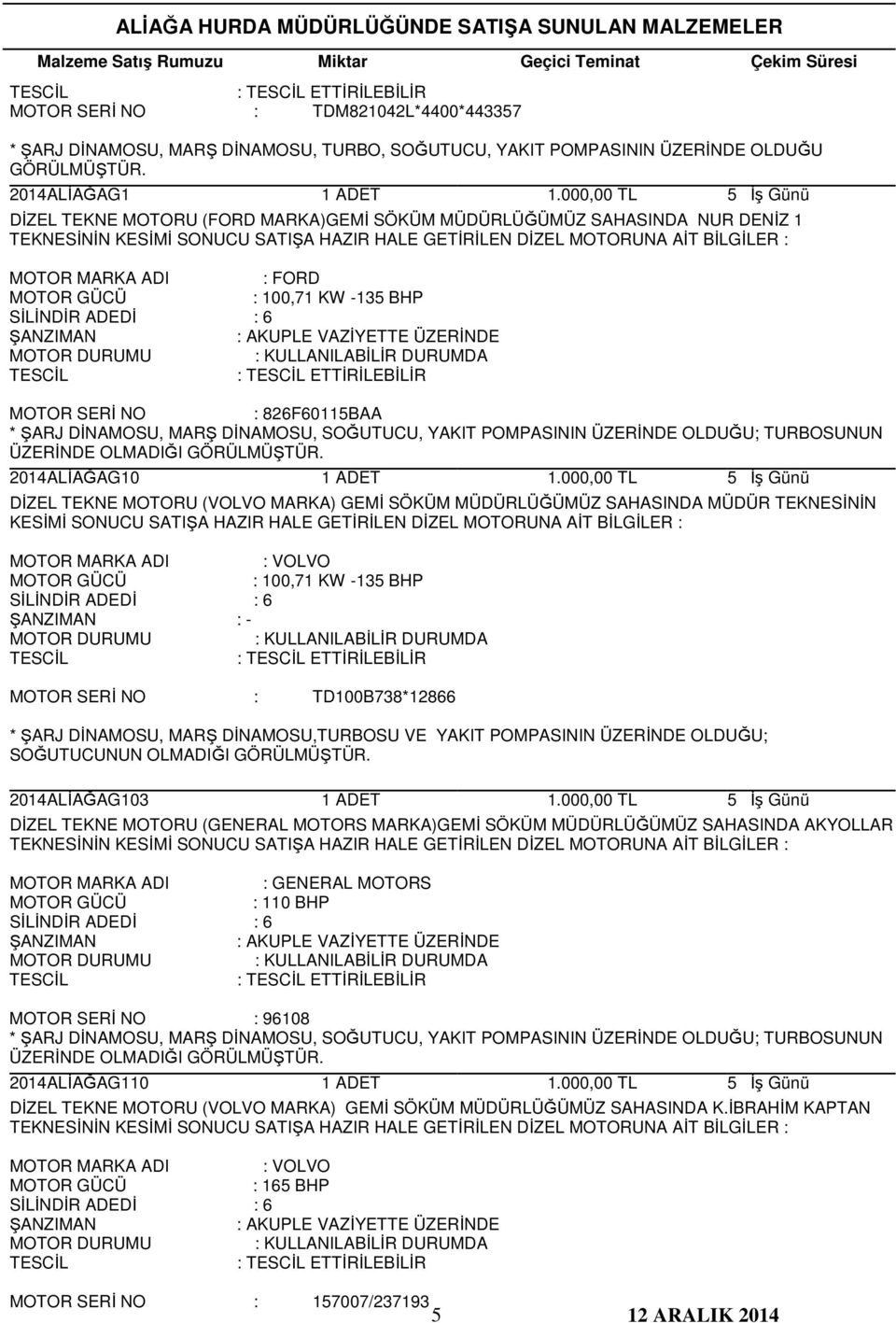 DİNAMOSU, MARŞ DİNAMOSU,TURBOSU VE YAKIT POMPASININ ÜZERİNDE OLDUĞU; SOĞUTUCUNUN OLMADIĞI 2014ALİAĞAG103 DİZEL TEKNE MOTORU (GENERAL MOTORS MARKA)GEMİ SÖKÜM MÜDÜRLÜĞÜMÜZ SAHASINDA AKYOLLAR :