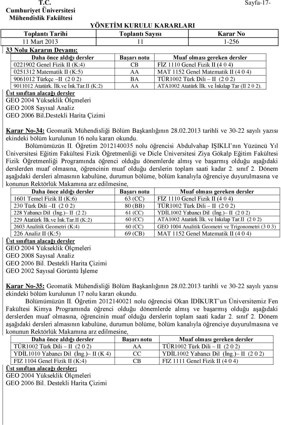 Üst sınıftan alacağı dersler GEO 2004 Yükseklik Ölçmeleri GEO 2008 Sayısal Analiz GEO 2006 Bil.Destekli Harita Çizimi Karar No-34: Geomatik Mühendisliği Bölüm BaĢkanlığının 28.02.