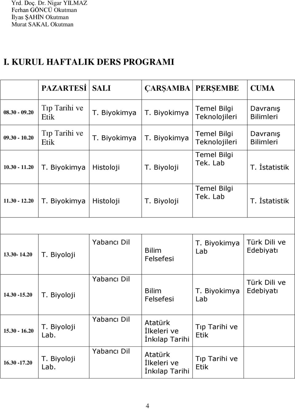 Lab Davranış Bilimleri T. İstatistik T. Biyokimya Histoloji T. Biyoloji Temel Bilgi Tek. Lab T. İstatistik 13.30-14.20 T. Biyoloji Yabancı Dil Bilim Felsefesi T.