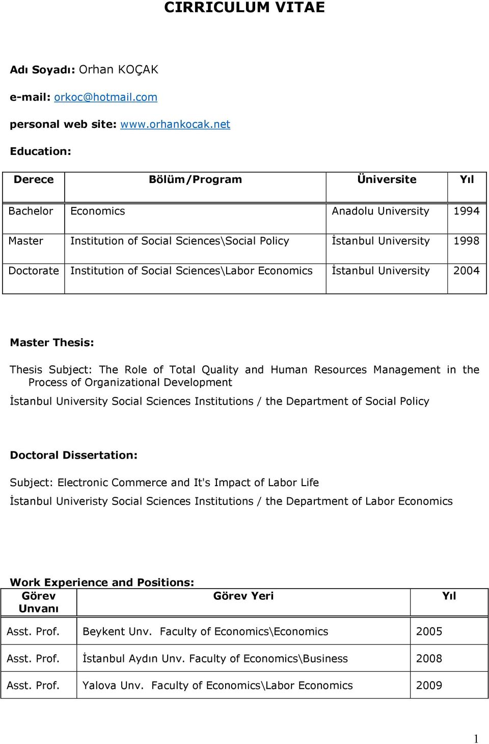 Social Sciences\Labor Economics Đstanbul University 2004 Master Thesis: Thesis Subject: The Role of Total Quality and Human Resources Management in the Process of Organizational Development Đstanbul