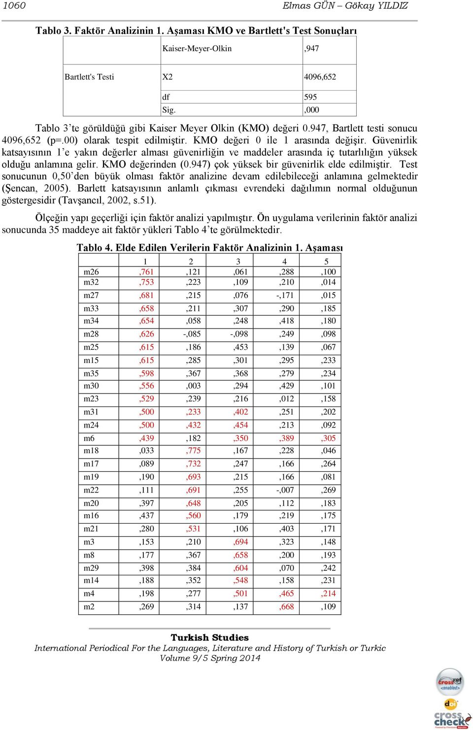 Güvenirlik katsayısının 1 e yakın değerler alması güvenirliğin ve maddeler arasında iç tutarlılığın yüksek olduğu anlamına gelir. KMO değerinden (0.947) çok yüksek bir güvenirlik elde edilmiştir.