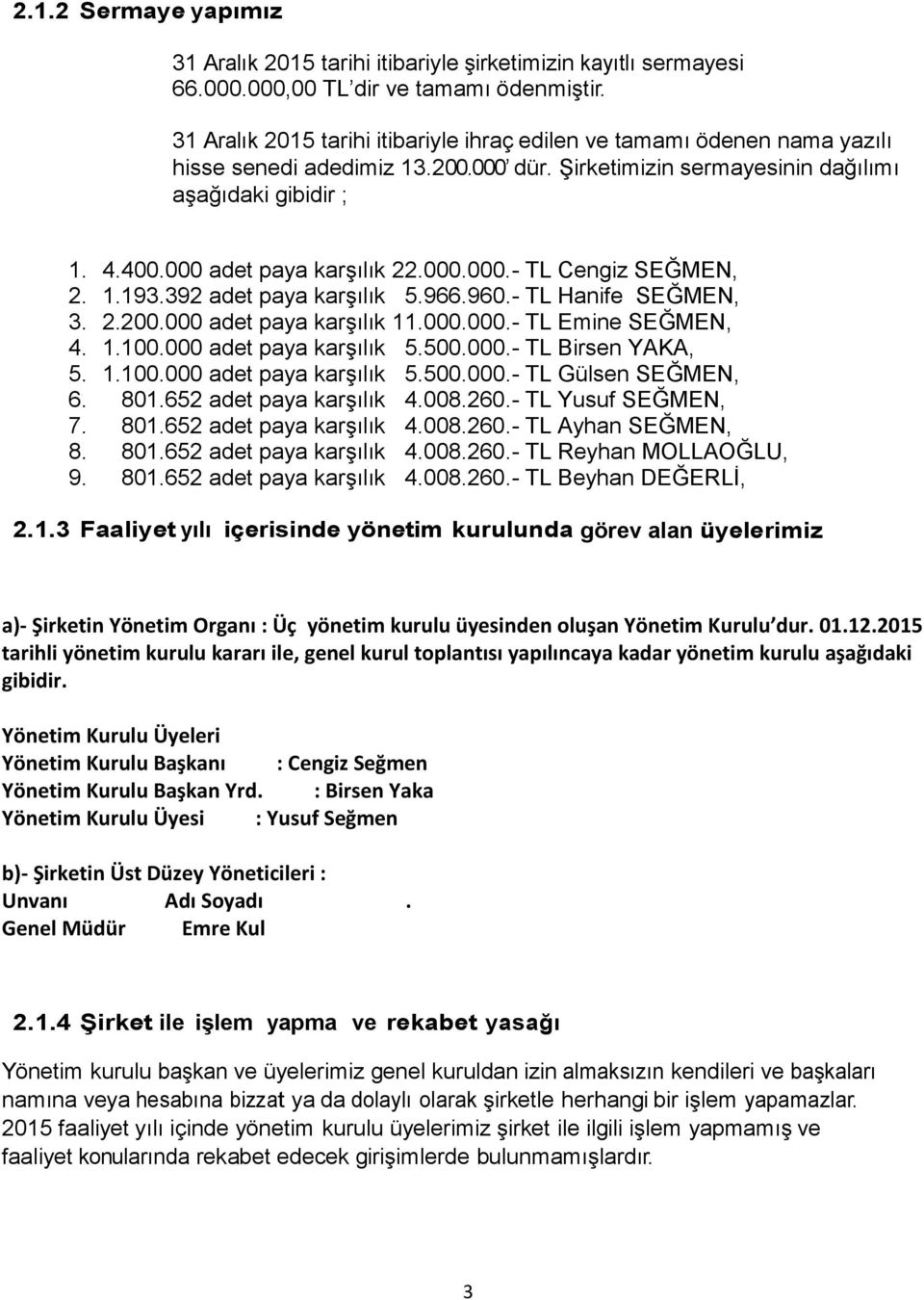 000 adet paya karşılık 22.000.000.- TL Cengiz SEĞMEN, 2. 1.193.392 adet paya karşılık 5.966.960.- TL Hanife SEĞMEN, 3. 2.200.000 adet paya karşılık 11.000.000.- TL Emine SEĞMEN, 4. 1.100.