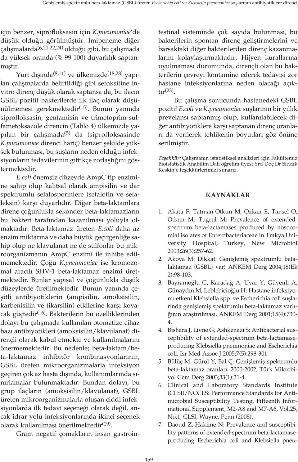 Yurt d fl nda (8,11) ve ülkemizde (18,28) yap - lan çal flmalarda belirtildi i gibi sefoksitine invitro direnç düflük olarak saptansa da, bu ilac n GSBL pozitif bakterilerde ilk ilaç olarak