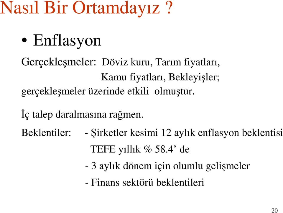 Bekleyişler; gerçekleşmeler üzerinde etkili olmuştur. Đç talep daralmasına rağmen.